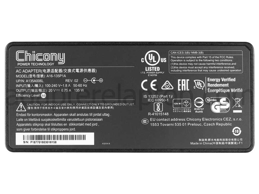 135W AC Adapter Lader Kensington Thunderbolt 3 Docking Station SD5300t K38625US