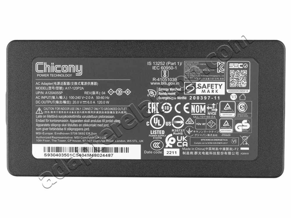Original 120W MSI GF63 Thin 11SC MS-16R6 AC Adapter Lader + Gratis kabel
