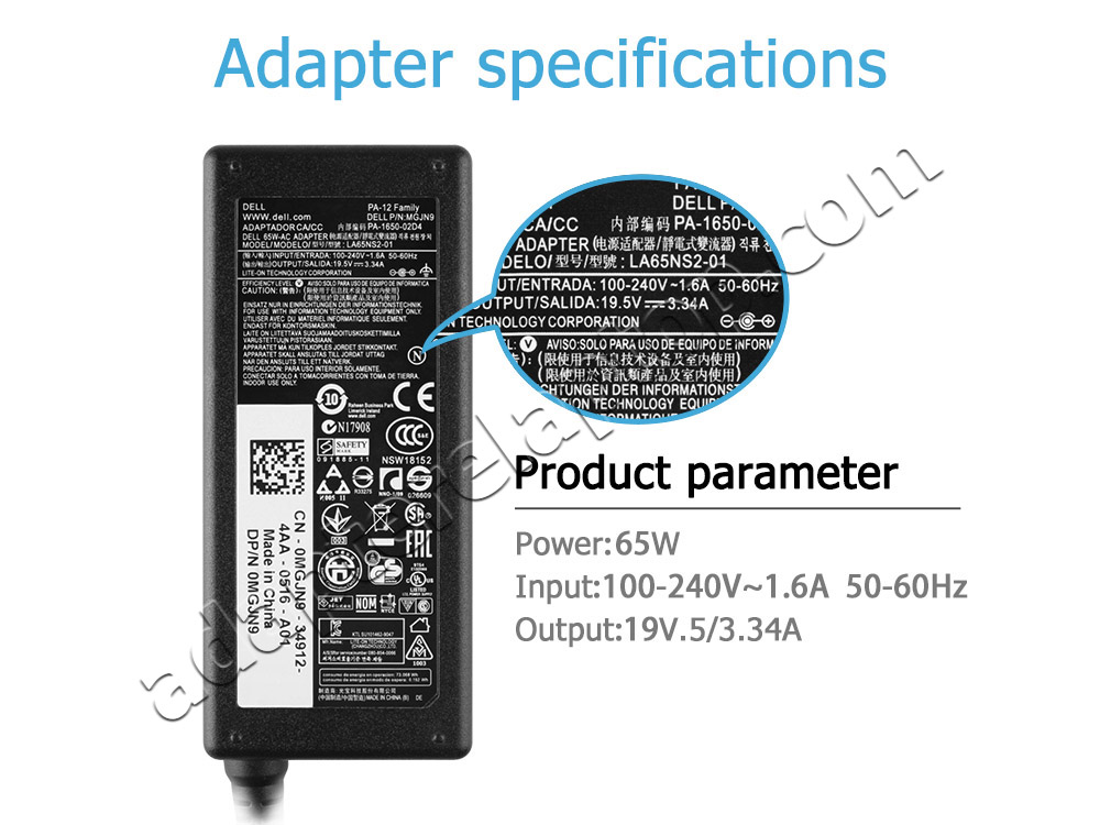 65W Dell Latitude 3400 i3-8145U AC Adapter Lader
