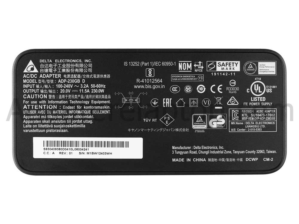 230W MSI GP76 Leopard 10UG-275 AC Adapter Lader + Gratis kabel
