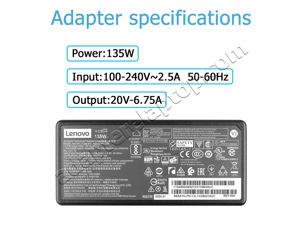 135W Lenovo ADL135NDC3A ADL135NLC3A AC Adapter Lader